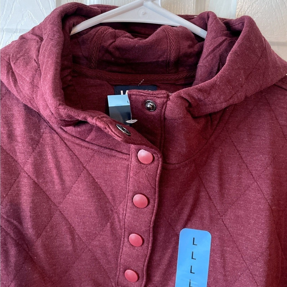 Lands' End Quilted Pullover Hoodie Women's Large Burgundy Snap Neck Top New - Picture 4 of 13